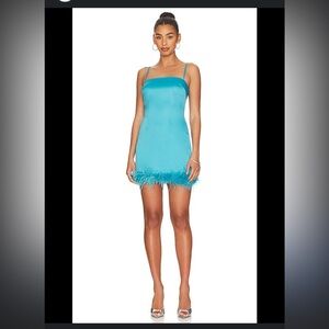 More to Come Blue Satin Slip Dress with Feather Trim NWT